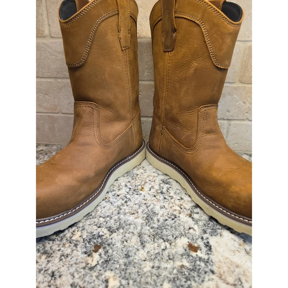 Mens Light Brown Work Boots Leather Oil Resistant Pull On Wedge Steel Toe Sz 8.5